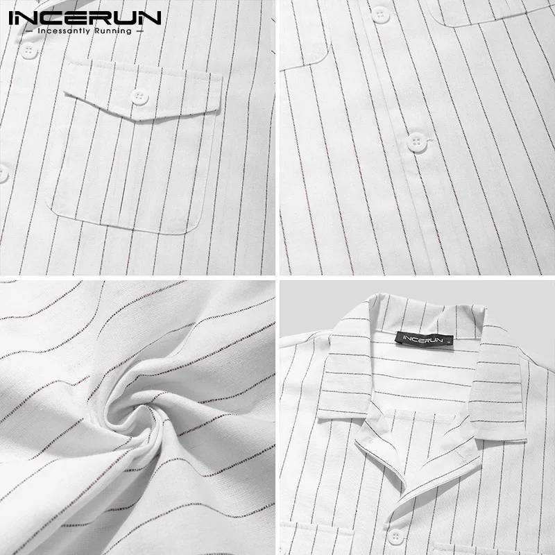 

INCERUN Summer Men Striped Shirt Brand Lapel Pockets Short Sleeve 2021 Casual Tops Streetwear Button Fashion Camisa Masculina