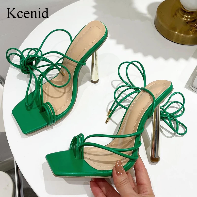 

Kcenid Summer Green White Women Sandals Ankle Strappy Metal Heels Thong Sandals Women High Heels Square Toe Party Shoes Size 41
