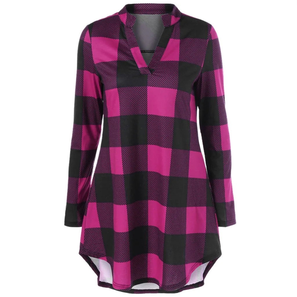 Блузка женская летняя в клетку с V-образным вырезом и длинным рукавом |