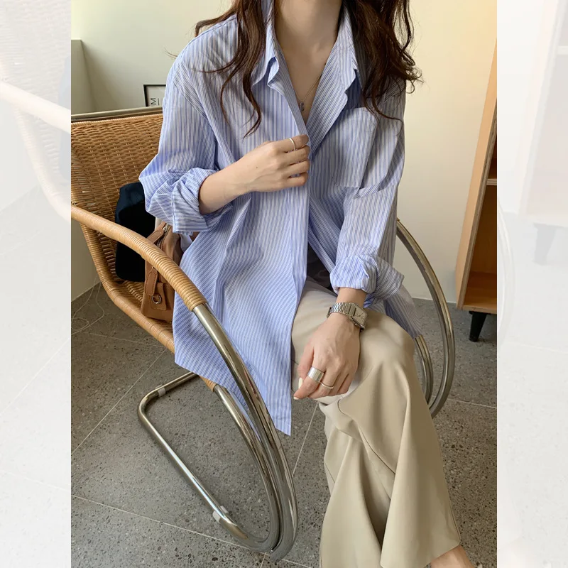 Рубашка женская в винтажную синюю полоску модная офисная блузка с длинным