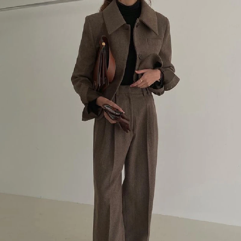 Women Autumn Winter Blazers 2 Piece Set Single Breasted Long Sleeve Jacket+Casual Loose Wide Leg Pant Suit Office Lady Outfit