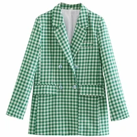 za green plaid casual blazers simple autumn notched collar double breasted woman loose long jackets female checked coat 2021