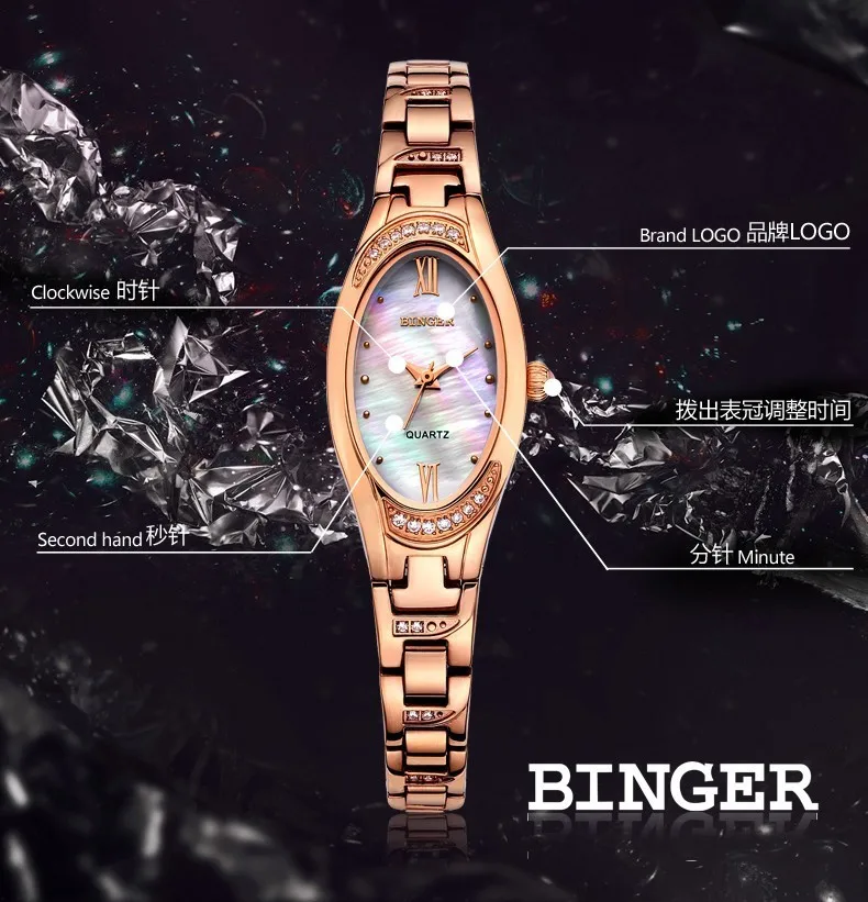 Швейцарские Binger часы женские модные роскошные Брендовые женские часы кварцевые сапфировые полностью из нержавеющей стали наручные B-3022L-2