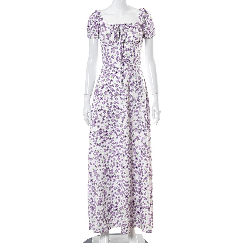 

Missnight Purple Maxi Dress Puff Sleeve Long Bandage Dresses Off Shoulder High Split Vintage Cottagecore Long Dress Summer 2021