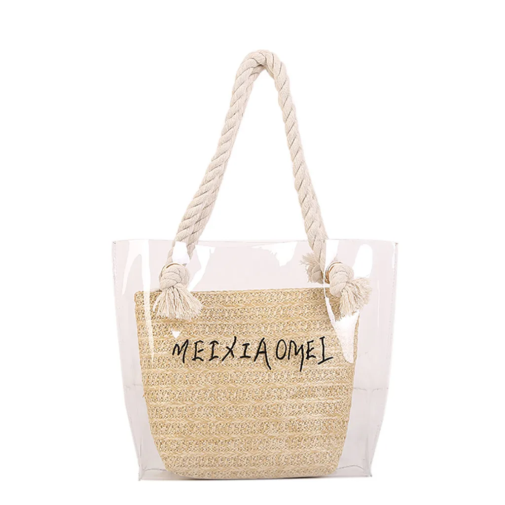 

2019 Bohemian Transparent Bag for Women PVC Clear Beach Handbags Summer Letter Rattan Bag Handmade Kintted Shoulder Bags#H20