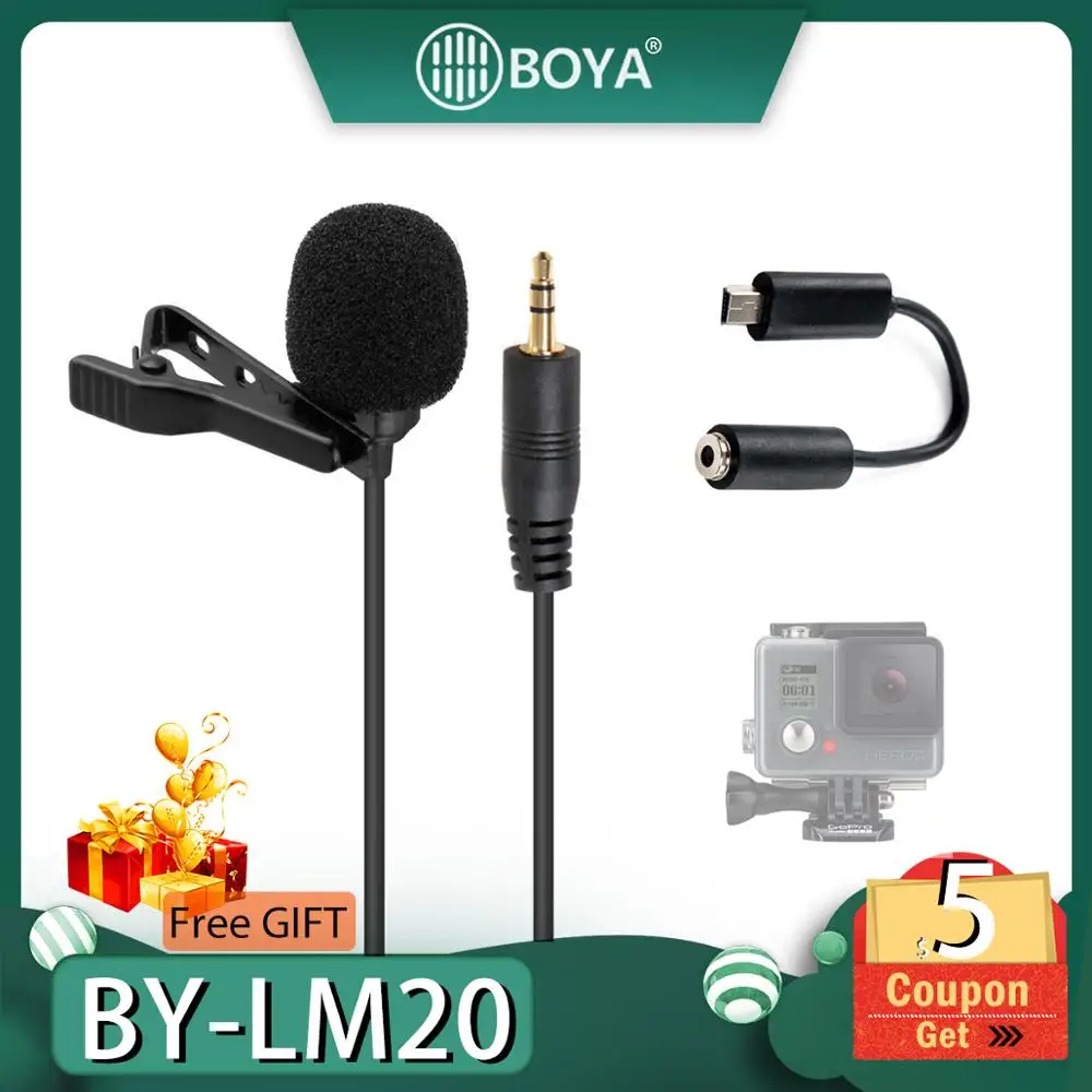 BOYA LM20 BY-LM20 Pro 3,5 мм клип спортивный внешний микрофон клип микрофон Mini USB для GoPro Hero 4 3+ 2 видео