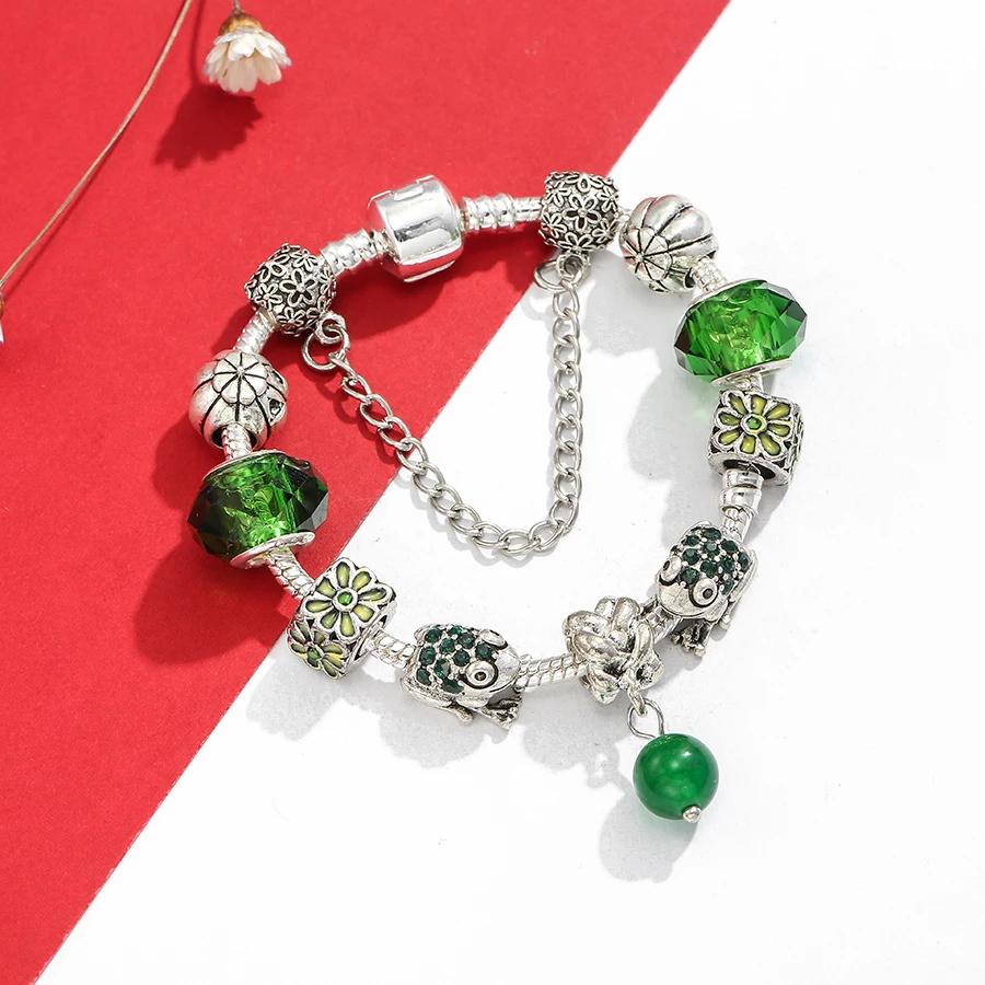 

SEIALOY Green Charm Bracelets For Women Original Lucky Crystal Beaded Tree wing Charm Kids Bracelets Bangle Gifts