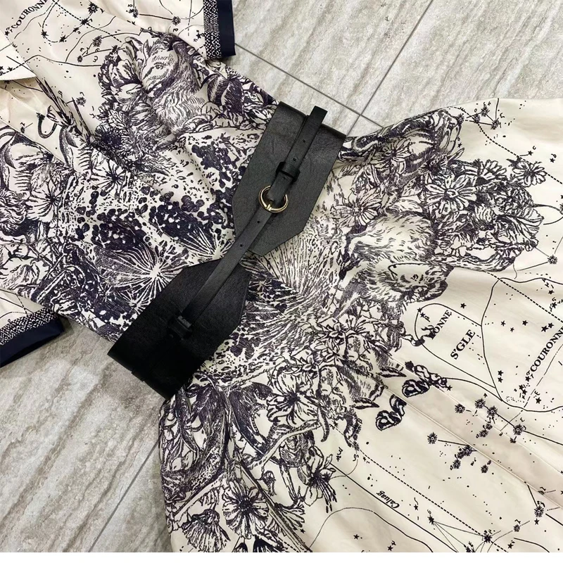 

AELESEEN Runway Fashion 100% Cotton Shirt Dress 2021 Spring Summer Short Sleeve Flower Letters Print Belt Midi Elegant Dress