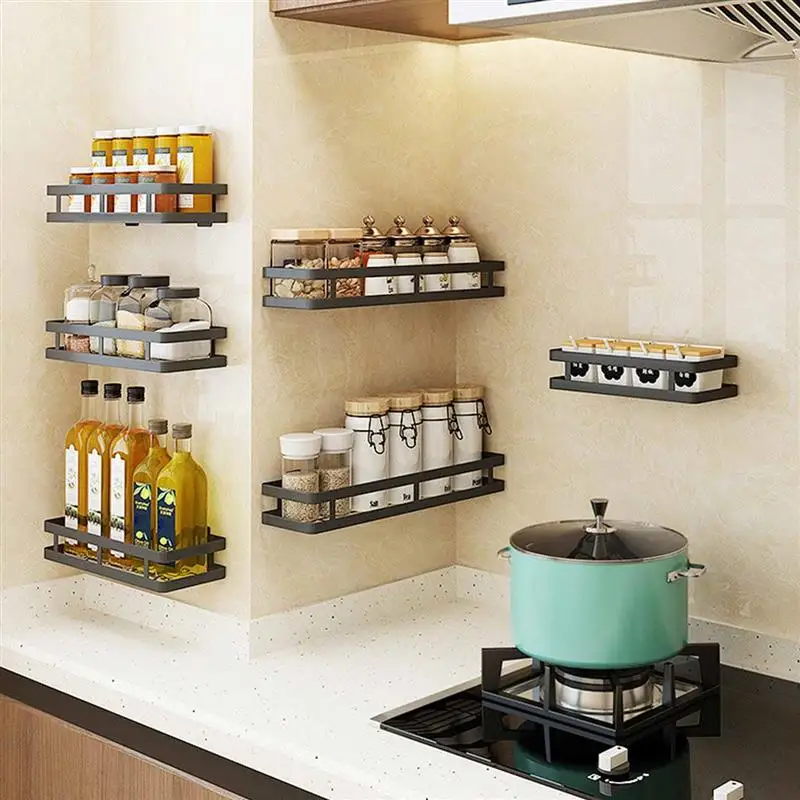 

Kitchen Wall Mounted Spice Rack Organizer Seasoning Shelf Stainless Steel Storage Rack Holder For Kitchen With 3 Hooks