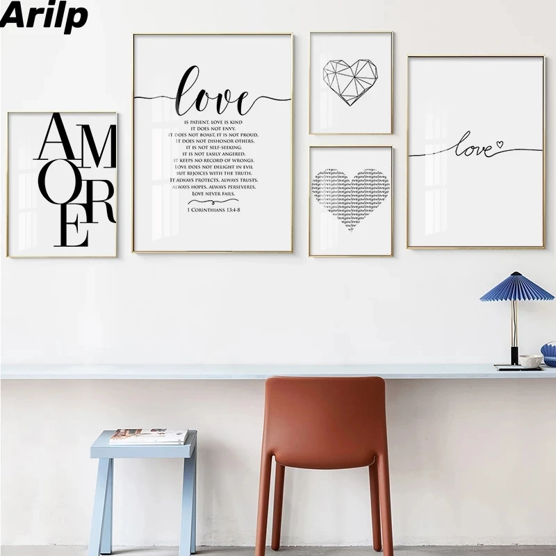 

Плакат в скандинавском стиле черно-белая Настенная картина любовь цитаты холст печать Сердце современная картина настенные картины для ук...