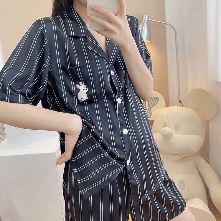 

2021 Summer New Women Pajamas Green Striped Fox Cartoon Printed Short Sleeve Two - Piece Pajamas White Fox Sleepwear