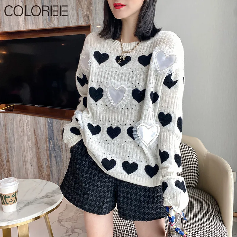 

Женский жаккардовый свитер, повседневный подиумный пуловер свободного кроя, с сердцем, вязаный джемпер, Осень-зима 2021