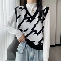 ljsxls 2021 v neck women vest sweater japan style knitted vest female vintage sleeveless print sweater pullover autumn winter