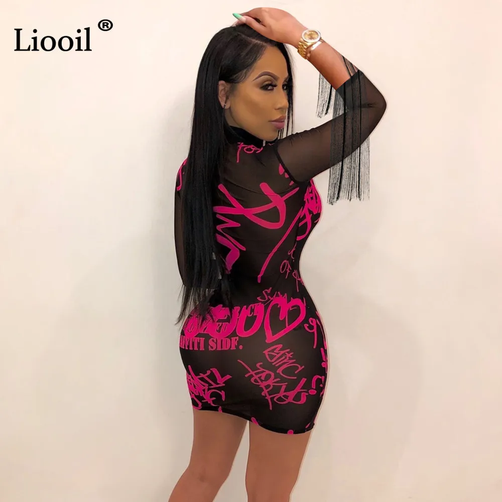 Liooil мини-платье с кисточками и сетчатым принтом, сексуальная клубная одежда, наряды с длинным рукавом и круглым вырезом, прозрачные облегающие платья, женские вечерние платья