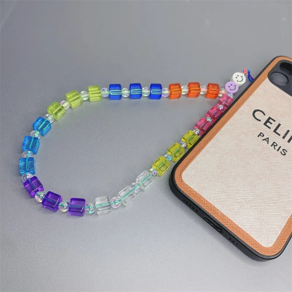 

HangZhi 2021 New Cube Colorful Transparent Random Color Soft Pottery Smiley Face Little Bear Acrylic Girls Phone Chain Strap