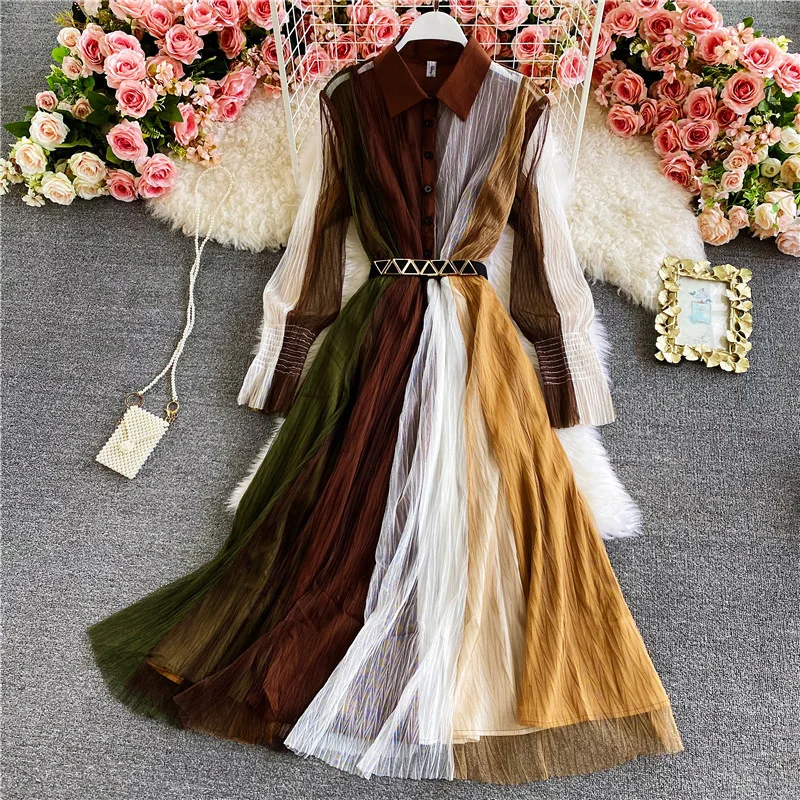 

YIZZHOY Spring Autumn Contrast Color Stitching Mesh Dress Lantern Sleeve Goddess Temperament Polo Long Dress