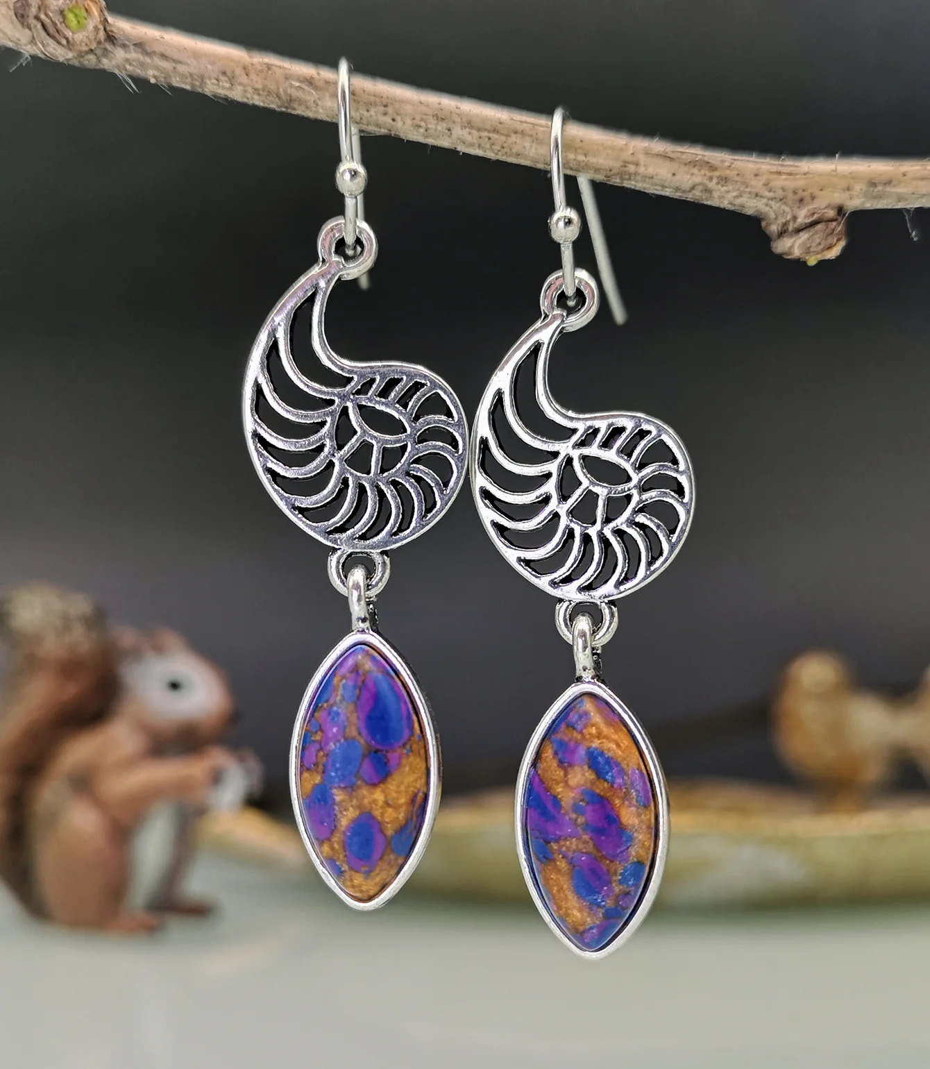 

Creative Personality Purple Dragon Crystal Turquoise Earrings European and American Vintage Silver Fungus Women's Jewelry