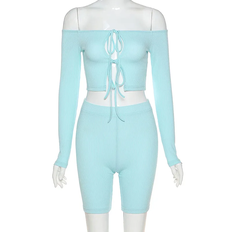 

Women Bandage Slash Neck Biker Shorts Set Hollow Out Fitness Sexy Full Sleeve Crop Top Solid Elastic High Tracksuit Outfits