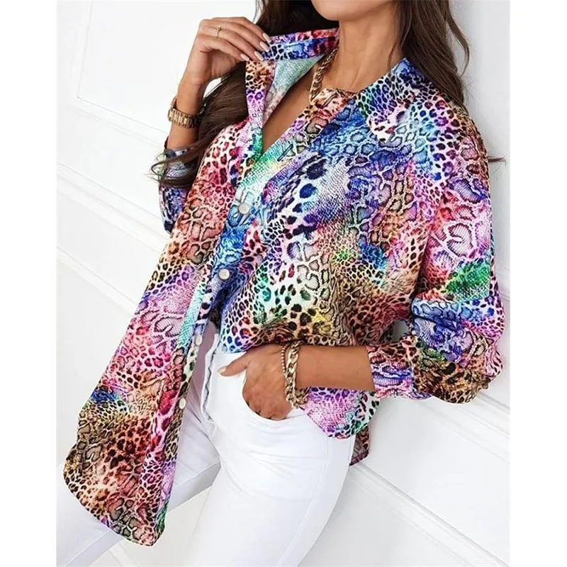 

Leopard Women's Shirt Long Sleeve Button Casual Blouses and Shirts Turn-down Collar Fashion Woman Blouses 2021 Ladies Top Female
