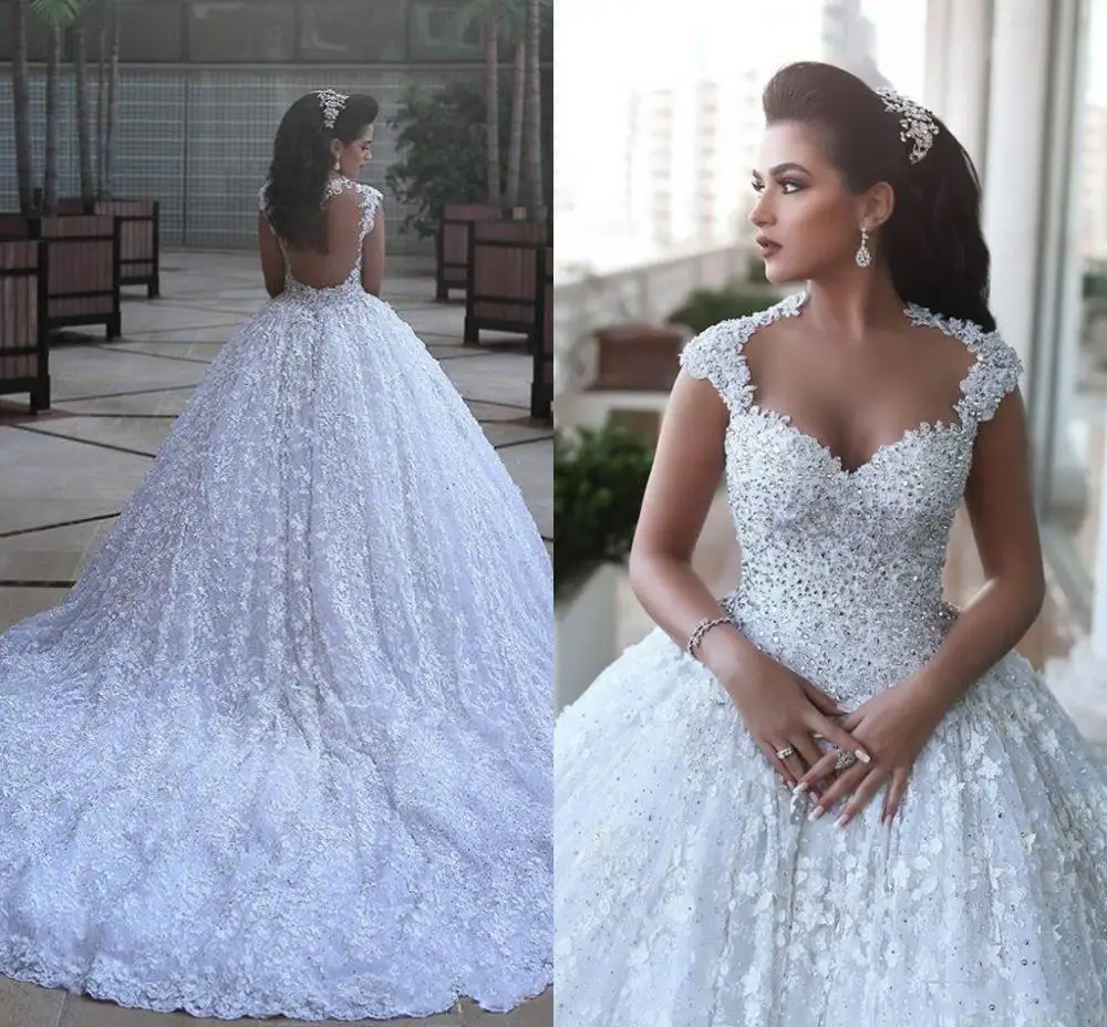 

Luxury Ball Gown Illusion Back Wedding Dresses Said Mahamaid Sweetheart Arabic Beaded Lace Appliques Novia Bridal Gowns