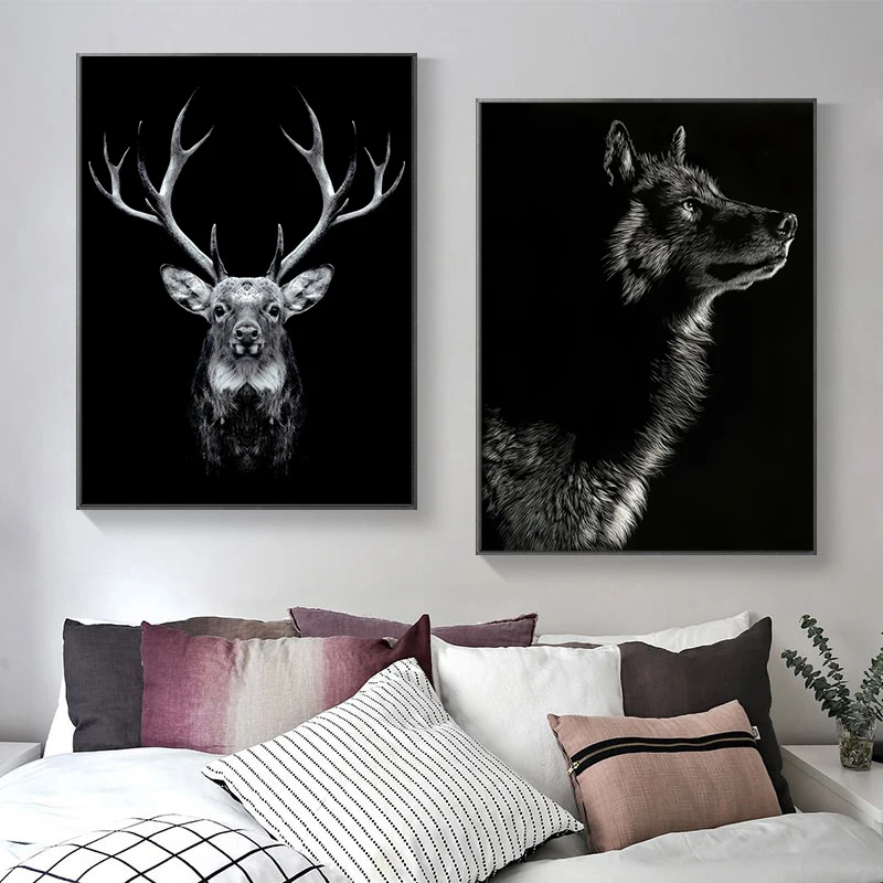 

Modern Black and White Animal Canvas Paintings Wolf Deer Wall Art Posters Prints Wall Art Pictures for Living Room Cuadros