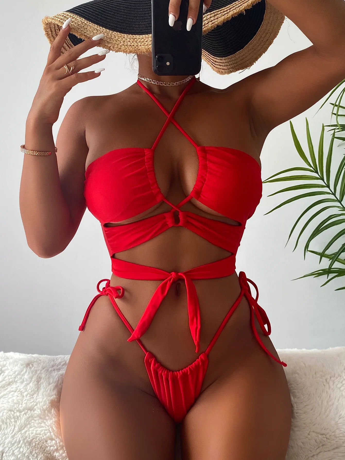

Halter Swimsuit Sexy Bandeau Bikini Set Cut Out Women's Swimwear 2022 Thong Bathing Suit Red Biquini Tie Side Beachwear Bikinis