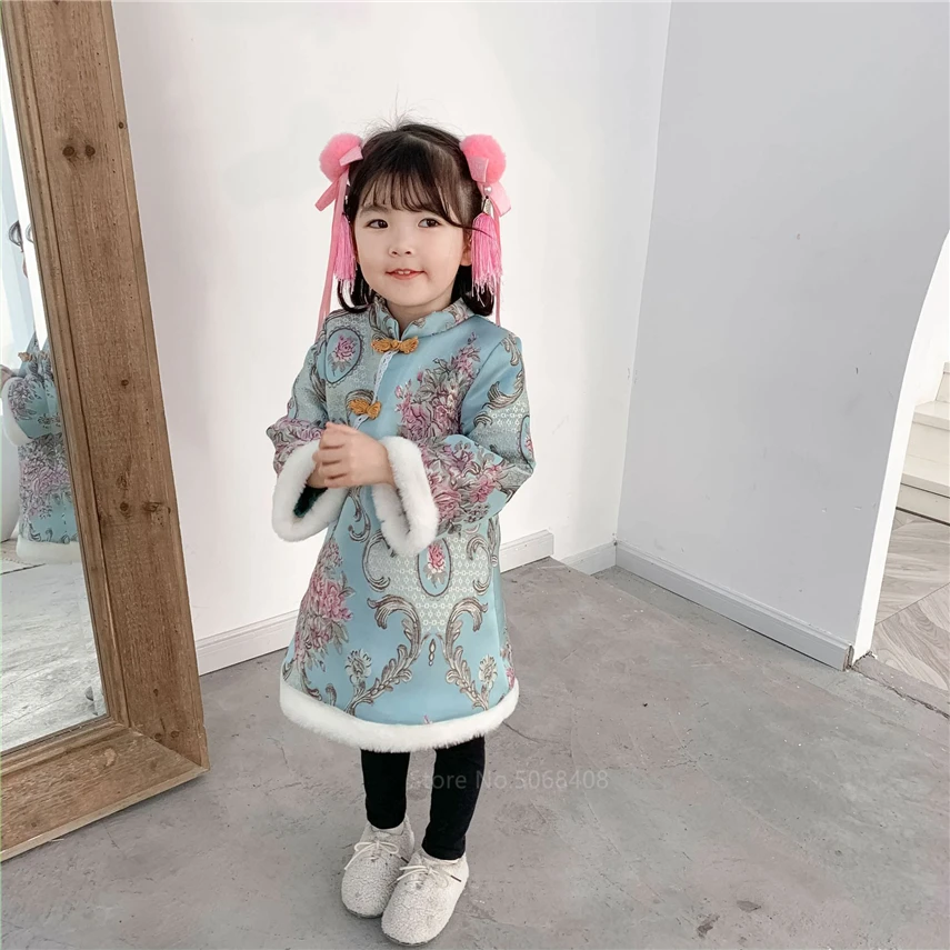 Этническое китайское традиционное платье Ципао детское Новогоднее ретро для
