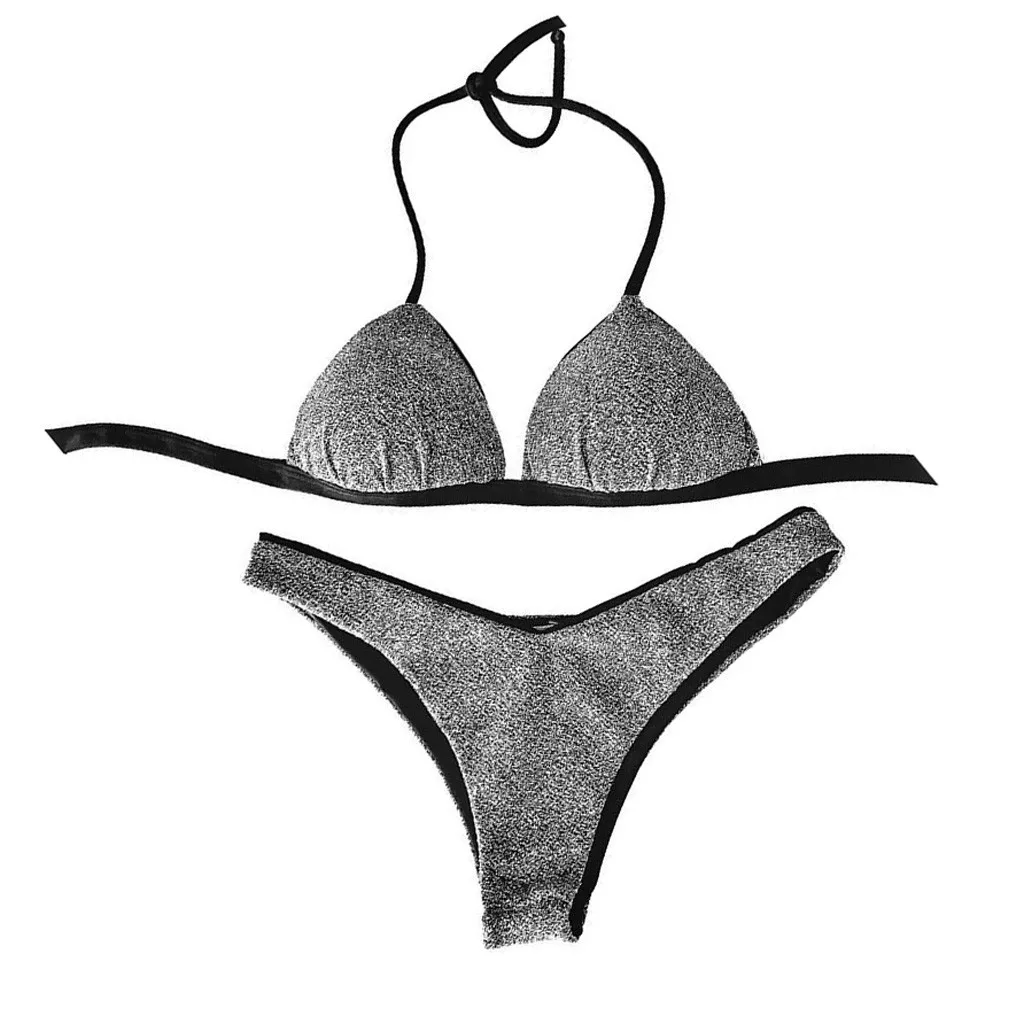 2020 сексуальный купальник женский серый блестящий бикини с лямкой на шее пуш-ап