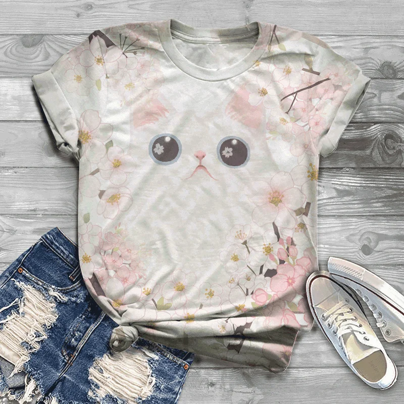 

Cute cat pattern summer ladies T-shirt fashion trend Harajuku ladies T-shirt large size small size 2021