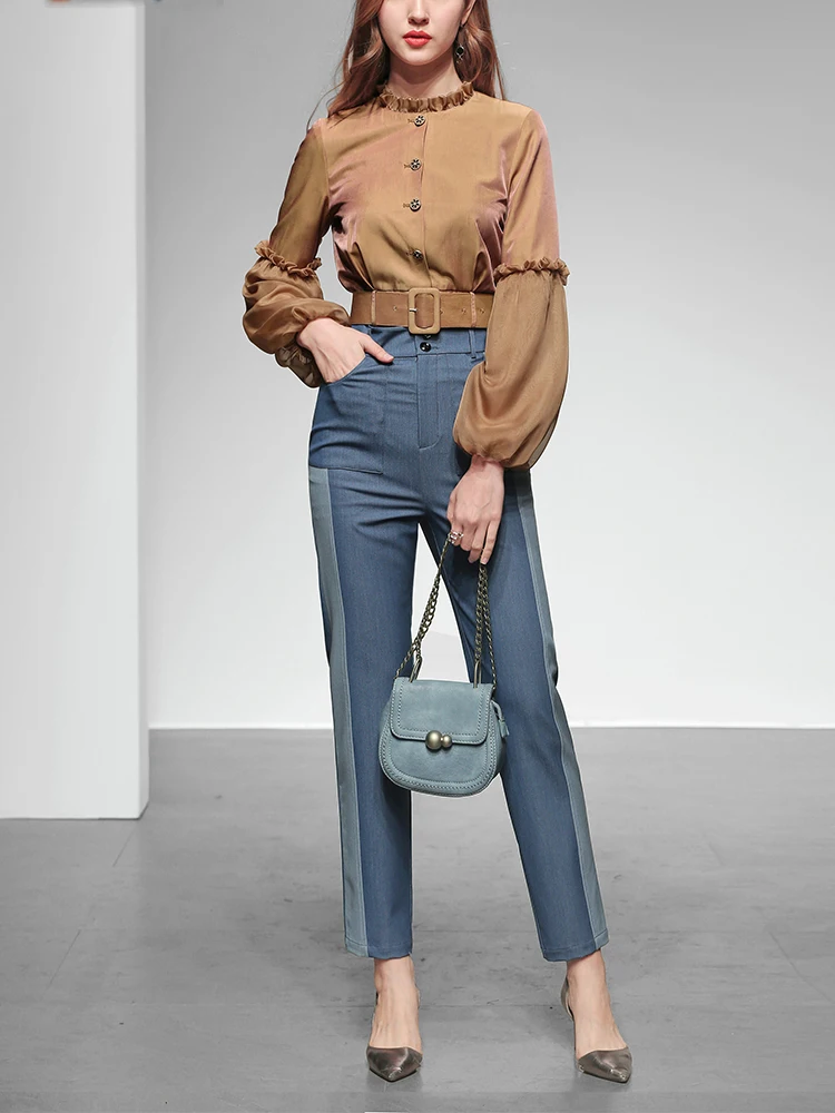 Женский элегантный комплект из двух предметов блузка с воротником стойкой и