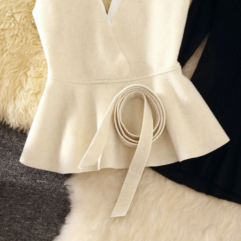 Женские Осенние костюмы из 3 предметов тонкий пуловер вязаная одежда + шерстяной