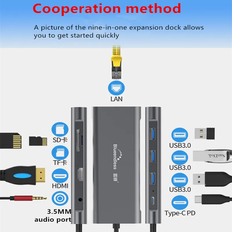 9-в-1 концентратор Type-C USB 3 0 4K HD PD Высокоскоростная зарядка для мобильных телефонов