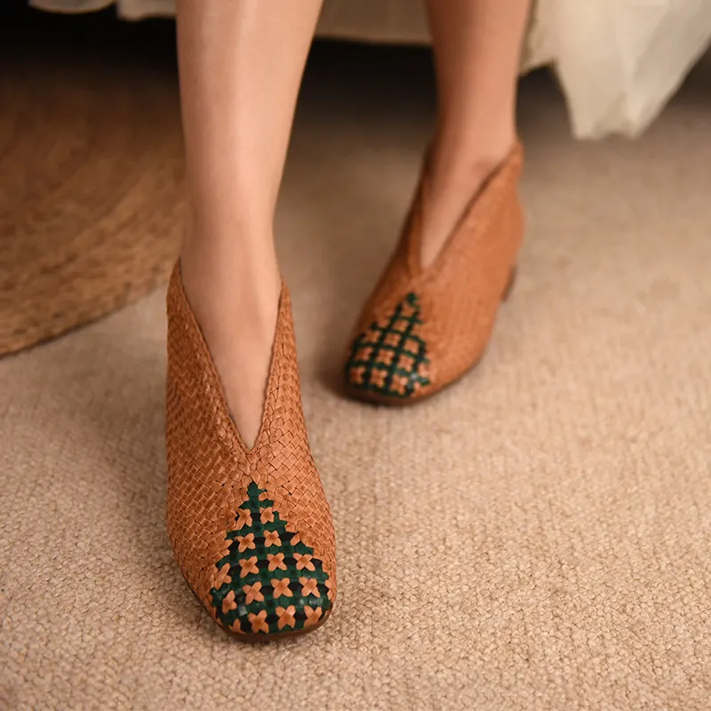 

Artmu Original Women Shoes Woven Low Heel Retro Loafers Genuine Leather Leisure High Top Mother Shoes Soft Soles Ladies Shoes