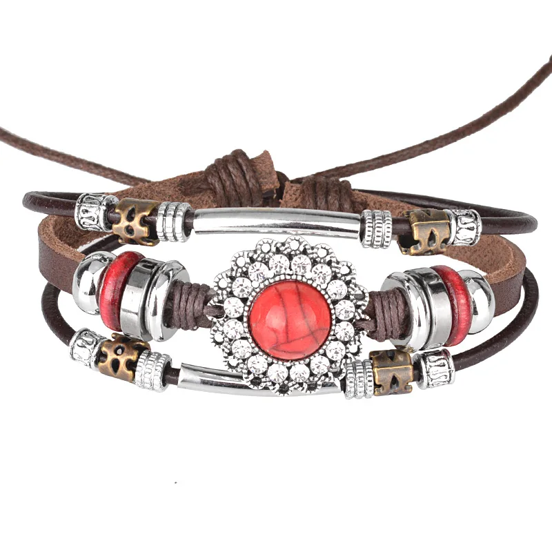 Кожаные браслеты красный бирюзой Многослойные тройной браслет из бисера для