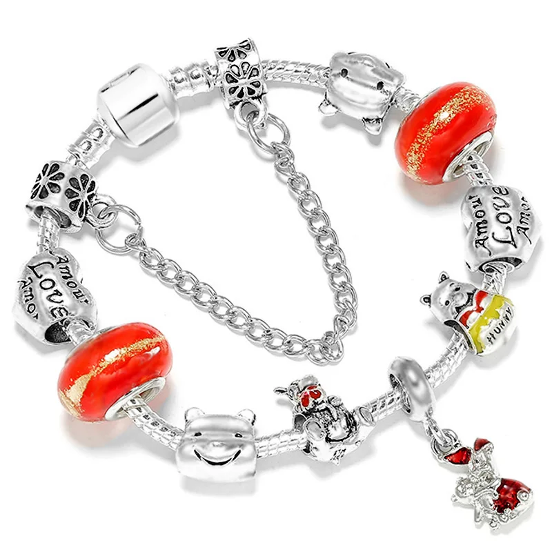 Silver Color DINGLLY 925 Модный Серебряный Мишка тема Красный ИА шарм браслеты для женщин Винни Тигра поросенок бусины браслет - Окраска металла: Silver Color