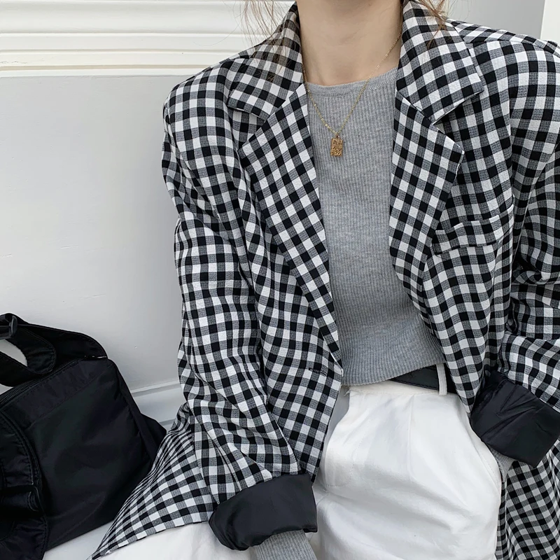 

HziriP OL Work Vintage Fashion Plaid Blazer Women 2021 New Basic Formal Elegant Single Breasted Loose Suit Coat Female Blazers