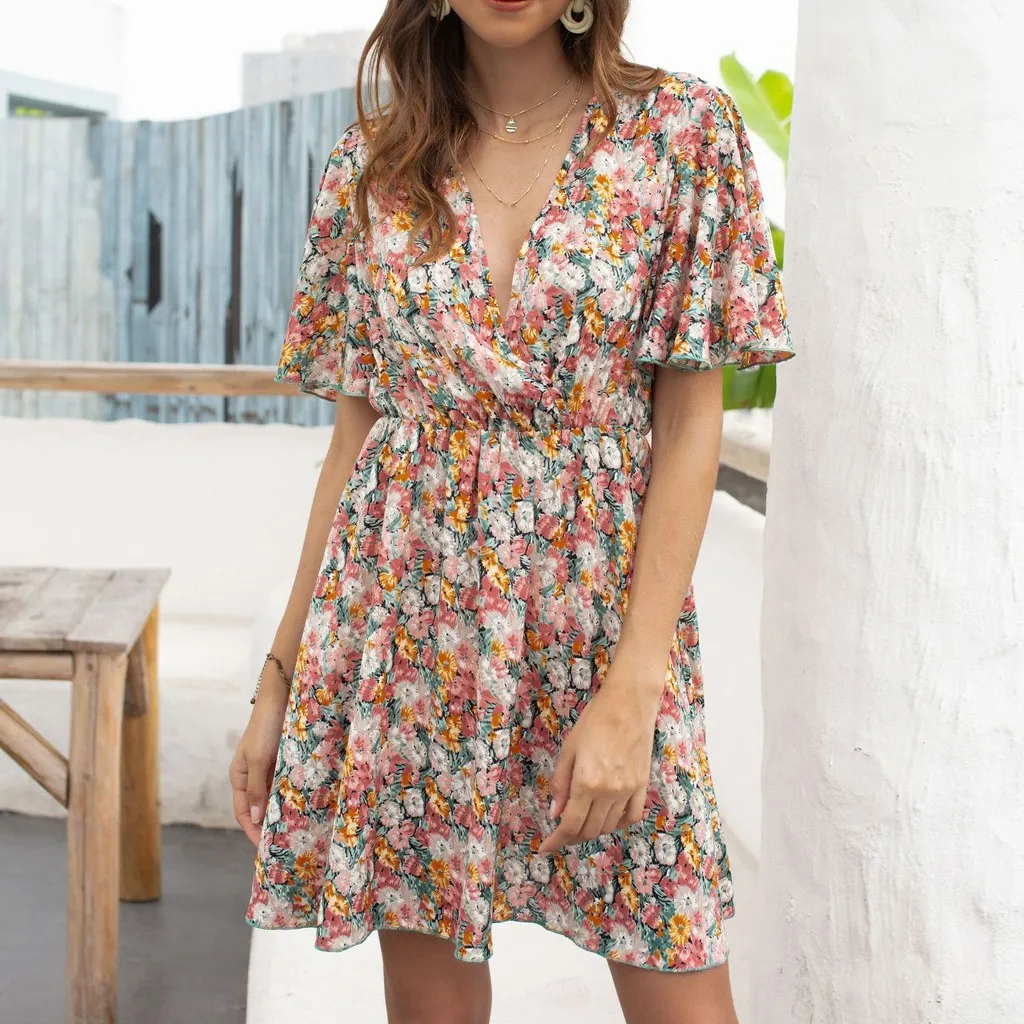 Женское пляжное платье KANCOOLD повседневное свободное с коротким рукавом v образным