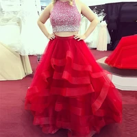 o neck beading a line tulle prom dresses two pieces sleeveless custom made formal special occasion party gowns evening dress