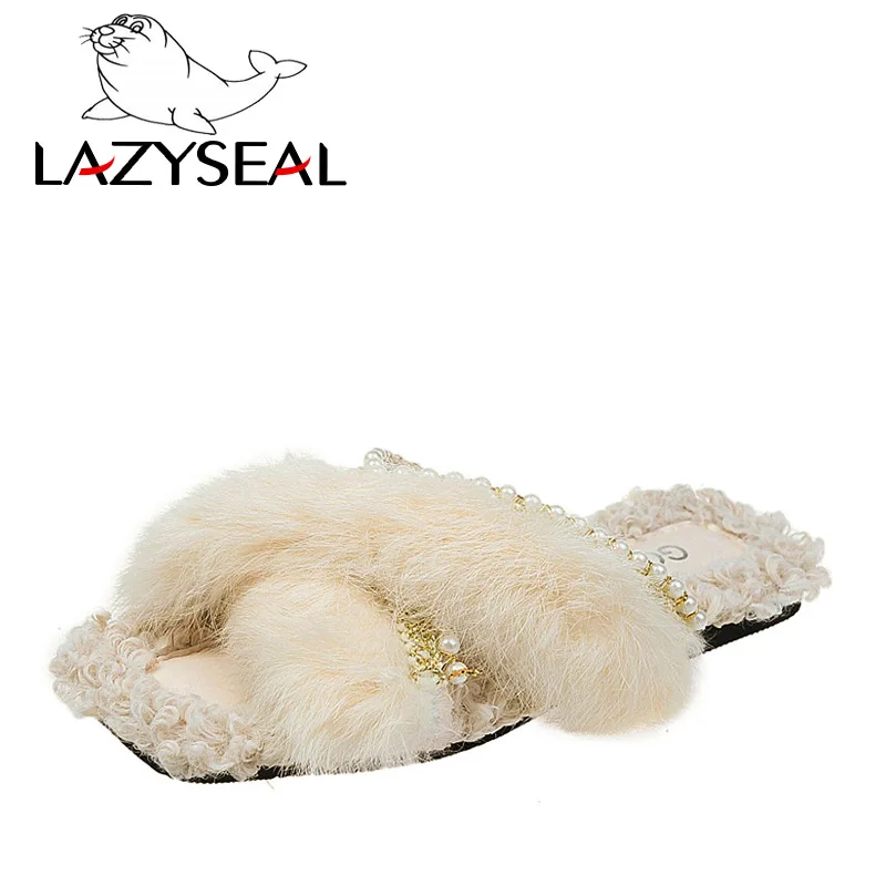 LazySeal с прямым валиковым швом Пушистые тапочки Для женщин настоящая Pabbit меховые