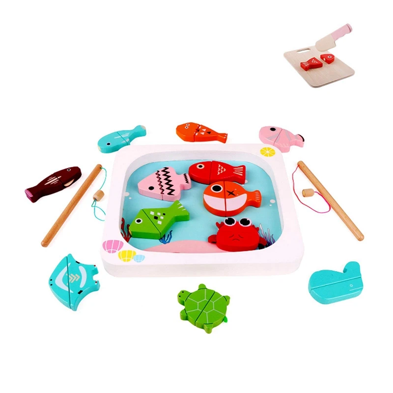 

2 in 1 Magnetic Fishing Game Wooden Toys Magnetic Cutting Toys for 3 4 5 Years Old Boys Girls Perfect Toddles Birthday