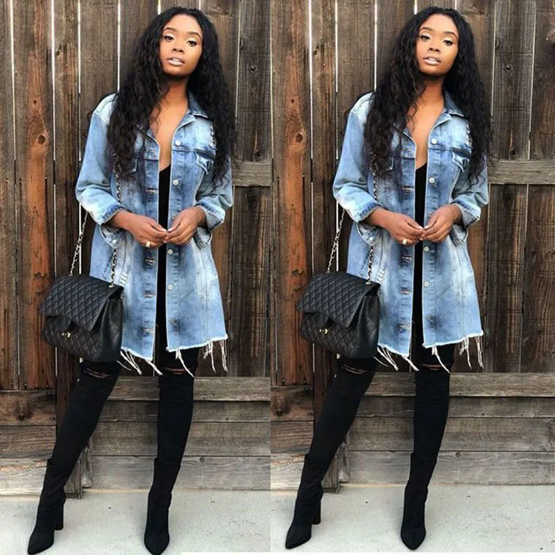 

Women Ripped Hole Denim Jacket 2020 boyfriend Wind Jean Jacket Loose Long Sleeve Coats plus size 3XL Casual Jacket Spring Autumn