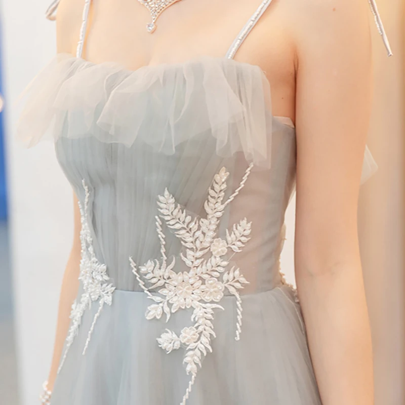 

Evening Dress Illusion Spaghetti Strap Pleat Strapless Pearls A-Line Sleeveless Embroidery Tulle Vintage Women Formal Gown TS511