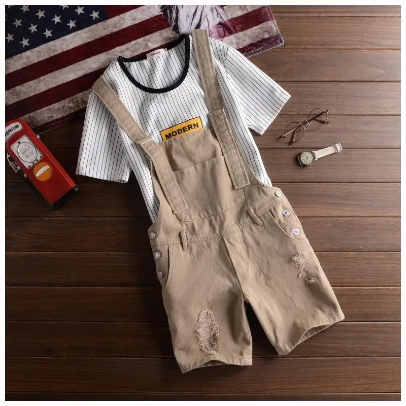 2021 Summer Fashion Men's Shorts Bib Overall Jeans Short Male Casual Ripped Denim Jumpsuits Jeans Shorts Pants Khaki White Black