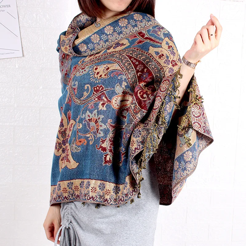 

Ethnic Style Luxury Designer Women Scarf Knitted Shawl Tourism Retro Tassel Wild Female Purple Gold Flower Cashew Long Bufanda