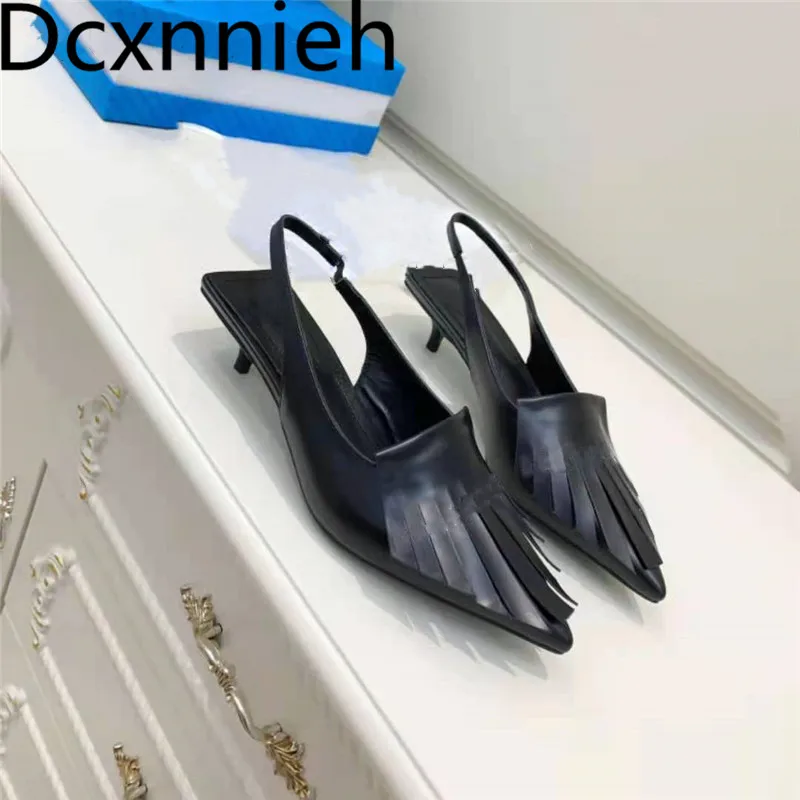 

Runway Shoes Women Kitten Heels Genuine Leather Fringing Slingbacks Female Pointed Toe Party Shoes Woman Spring Women Pumps 2021
