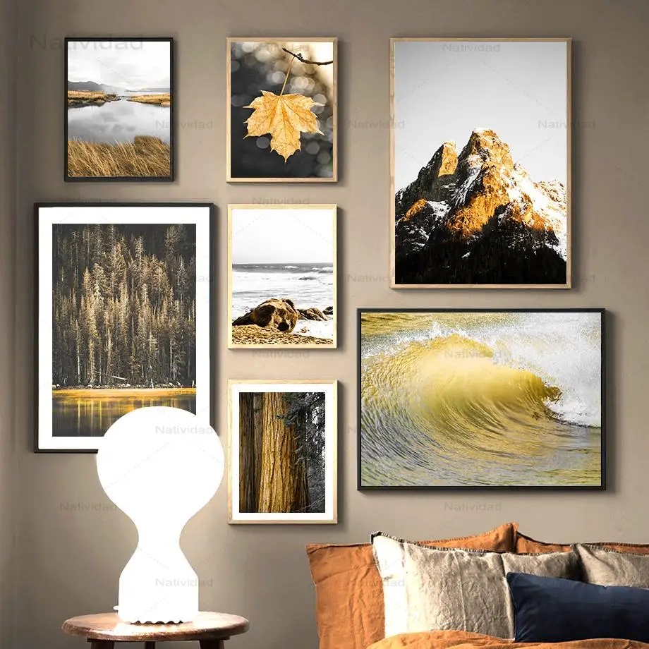 

Autumn Forest Lake Maple Leaf Reeds Peak Wall Art Canvas Paintings Nordic Posters and Prints Wall Pictures for Living Room Decor