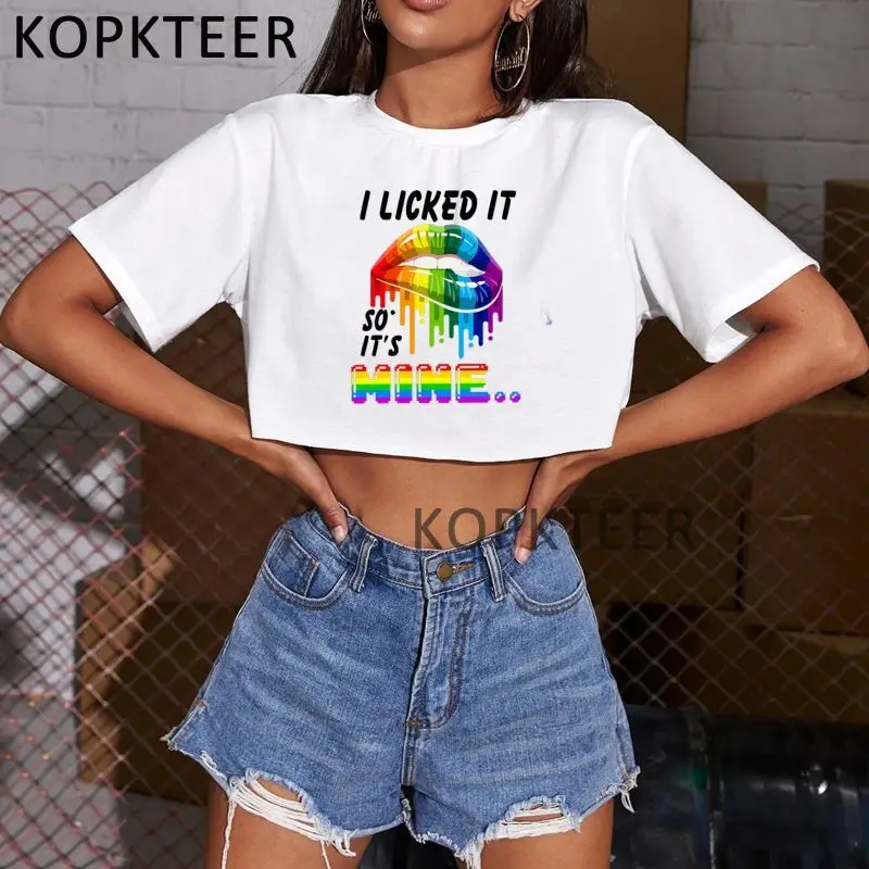 Радуга губы Забавный кроп-топы и футболки Новая мода в готическом стиле хип-хоп