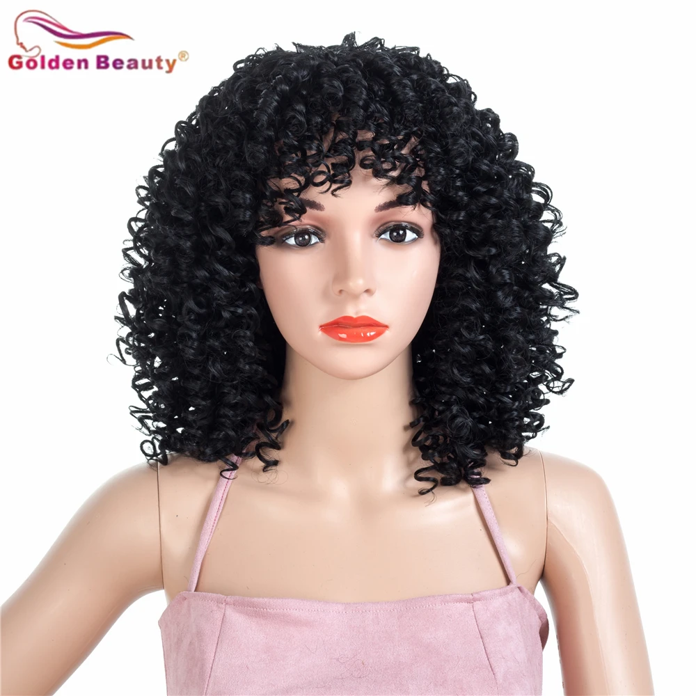 

Golden Beauty Synthetic Hair 20inch Short Bobo Wig Afro Kinky Curly Wigs With Bangs High Temperature Fiber For Black Women