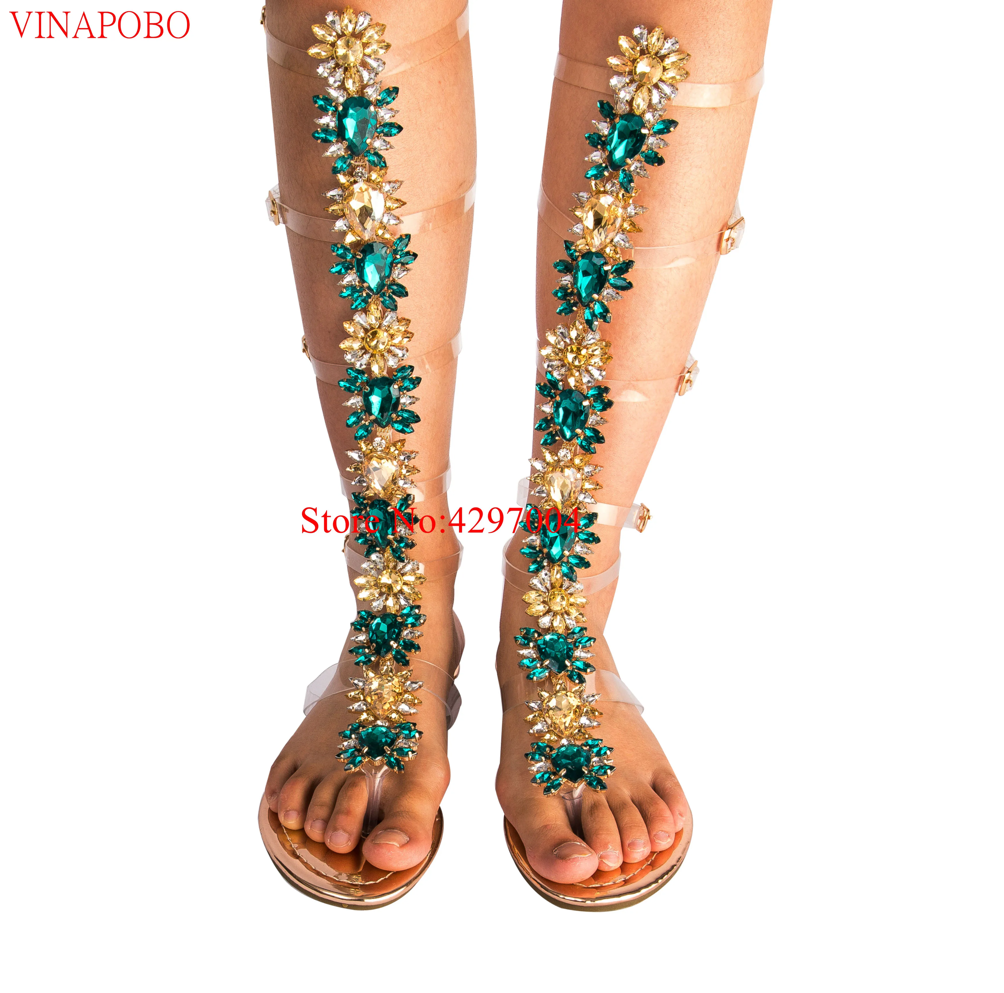 Роскошные сандалии-гладиаторы до колена на плоской подошве стразы в богемном