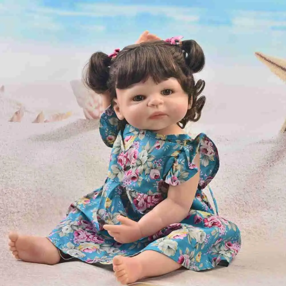 

49 cm Full Body Silicone Baby Doll Lifelike Handmade Long Hair Lifelike Soft Silicone Cloth Body Girl Doll